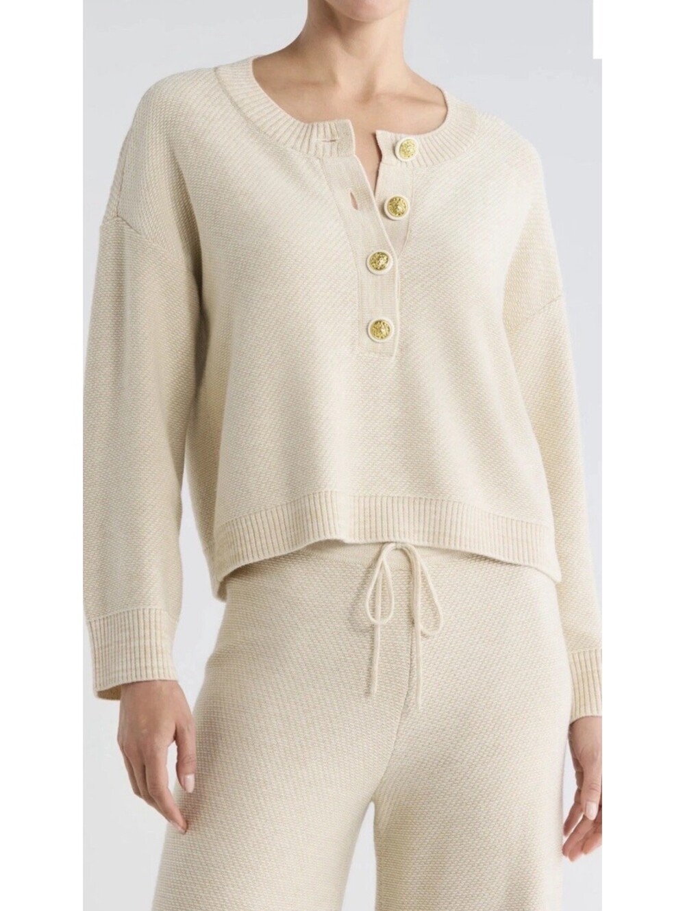 New L’Agence Hadassah Loop Knit Henley Sweater In Vintage White Size S $495